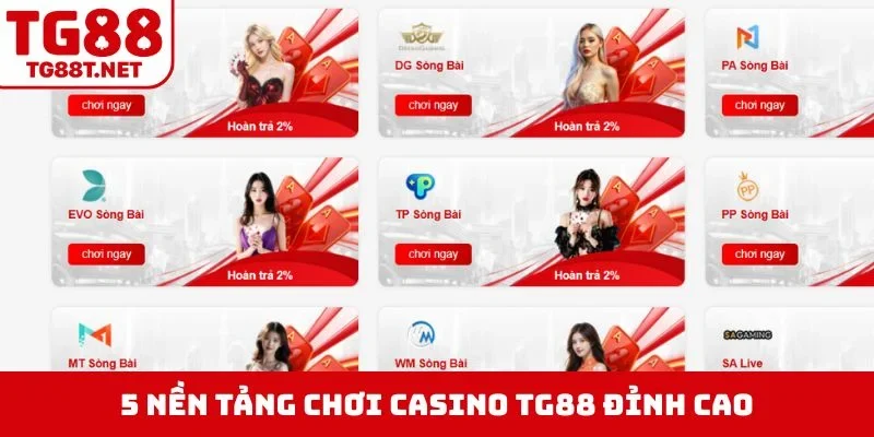 5 nền tảng chơi Casino TG88 đỉnh cao