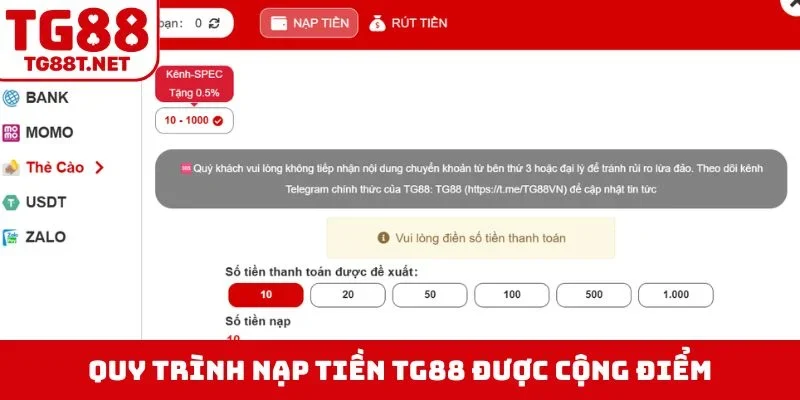 Hướng dẫn quy trình nạp tiền TG88 được cộng điểm